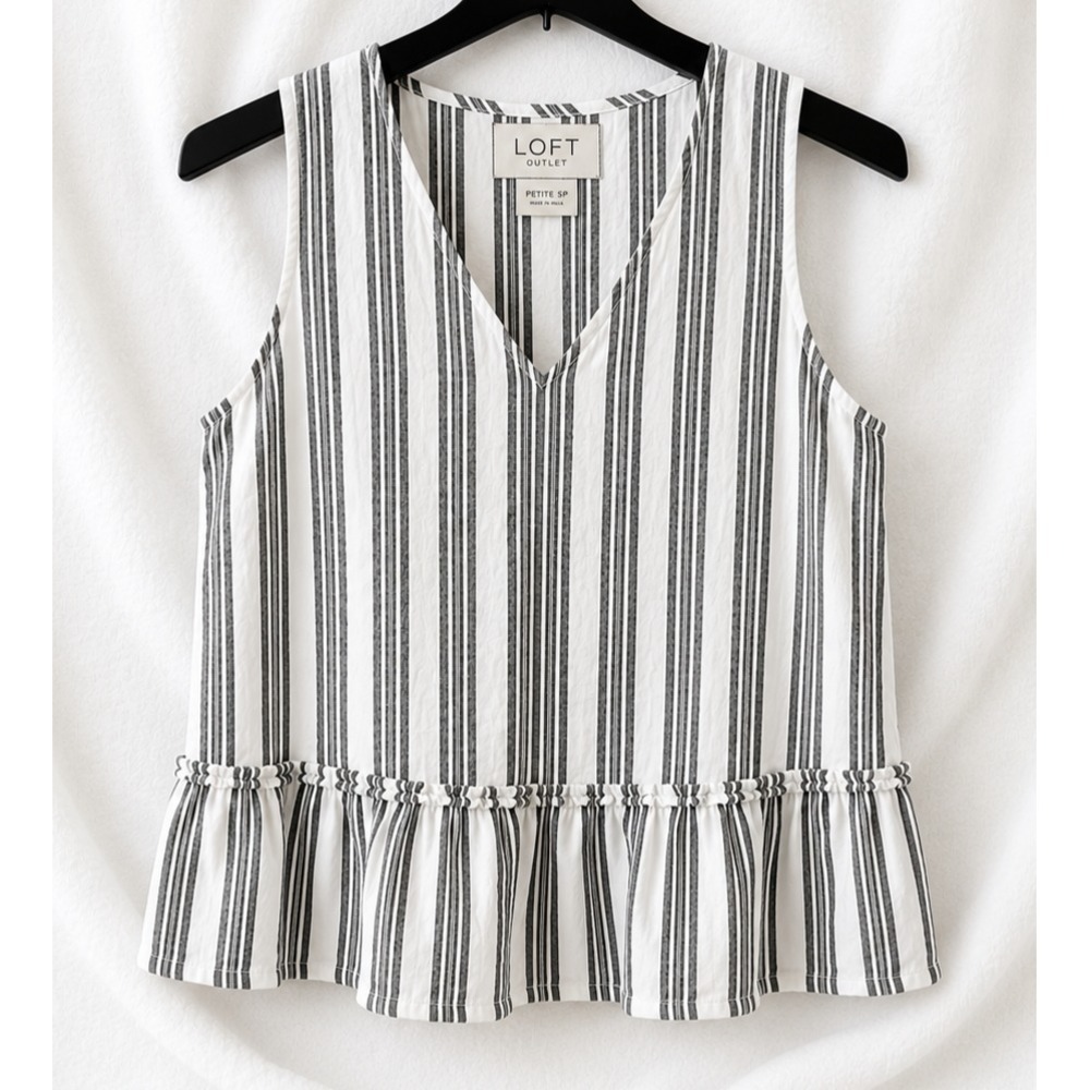 LOFT Outlet Sleeveless Ruffle Hem Top SP‎ White Black Silver Striped Linen Blend